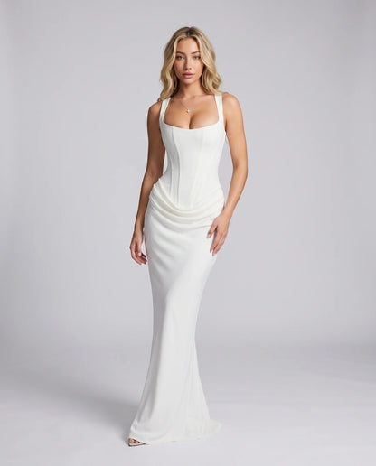 White corset bodycon maxi dress for women by Ilynora, front view with elegant silhouette and fitted waist