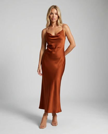 Brown cowl neck midi slip dress for women by Ilynora, front view with flowing drape and elegant modern fit