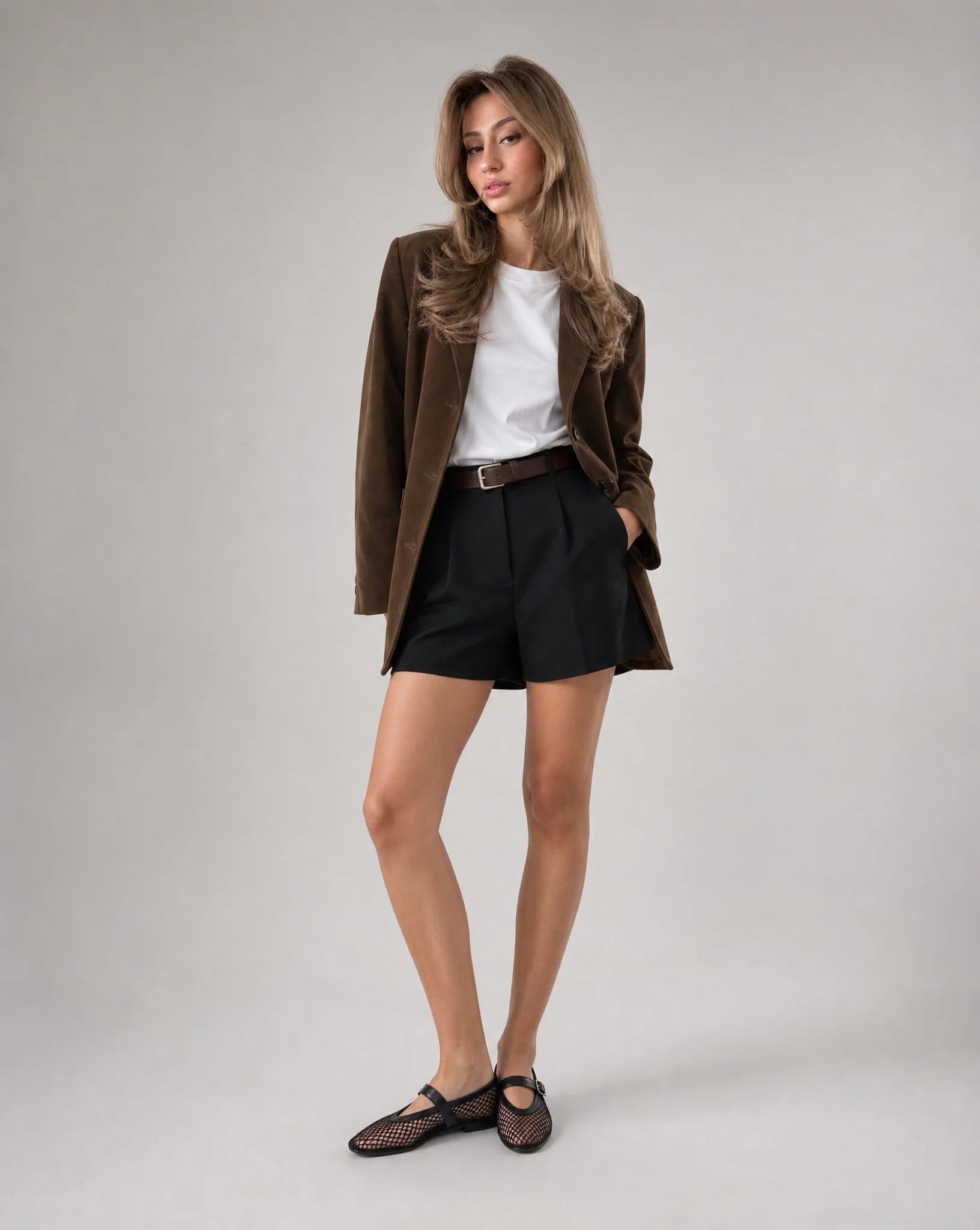 Brown faux suede blazer jacket for women by Ilynora, full length view with relaxed fit and classic lapels