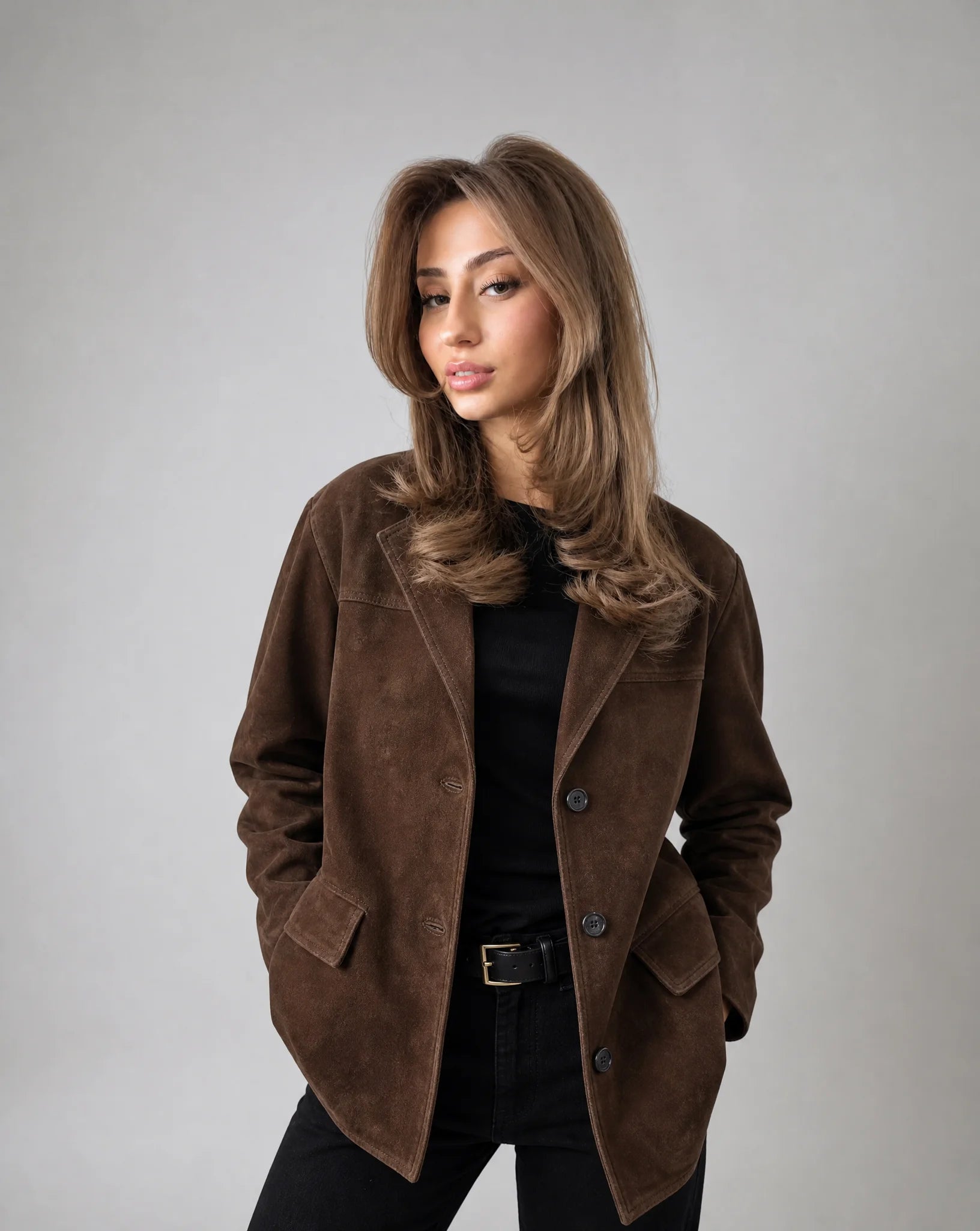 Brown faux suede blazer jacket for women by Ilynora, front view with tailored fit and soft texture