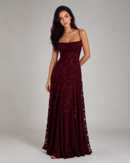 Burgundy floral open back maxi dress for women by Ilynora, front view with flowing silhouette and elegant drape