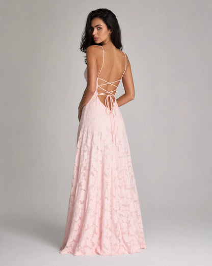 Pink floral open back maxi dress for women by Ilynora, back view showcasing the lace up open back