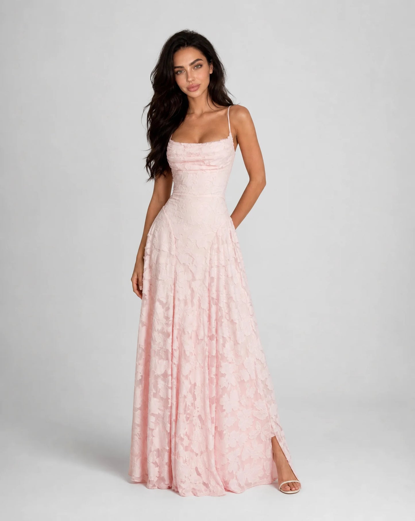 Pink floral open back maxi dress for women by Ilynora, front view with elegant silhouette and delicate print