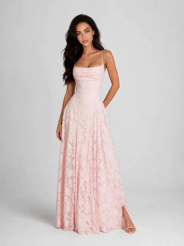 Pink floral open back maxi dress for women by Ilynora, front view with elegant silhouette and delicate print