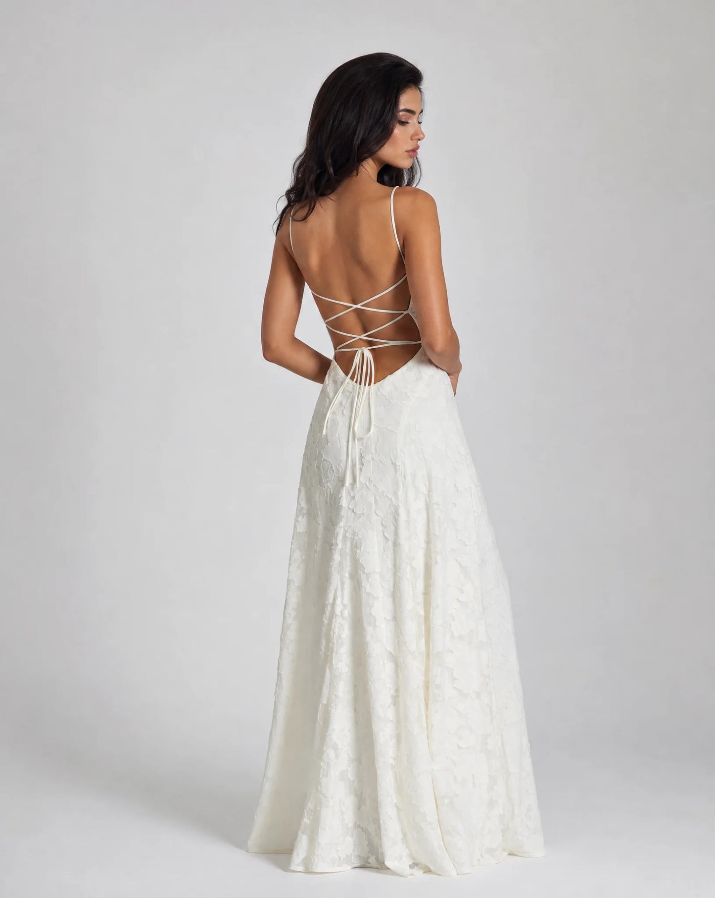 White floral open back maxi dress for women by Ilynora, back view showcasing the elegant open back
