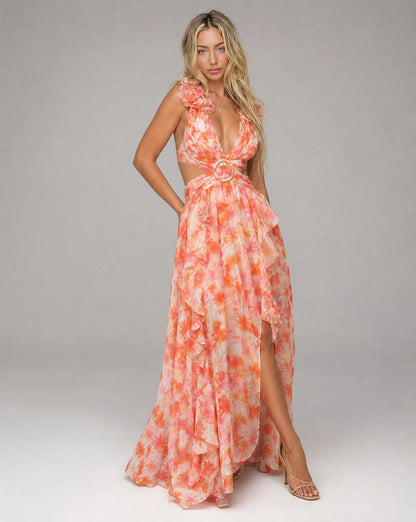 Orange floral ruffle cut out maxi dress for women by Ilynora, full length view with feminine ruffle details