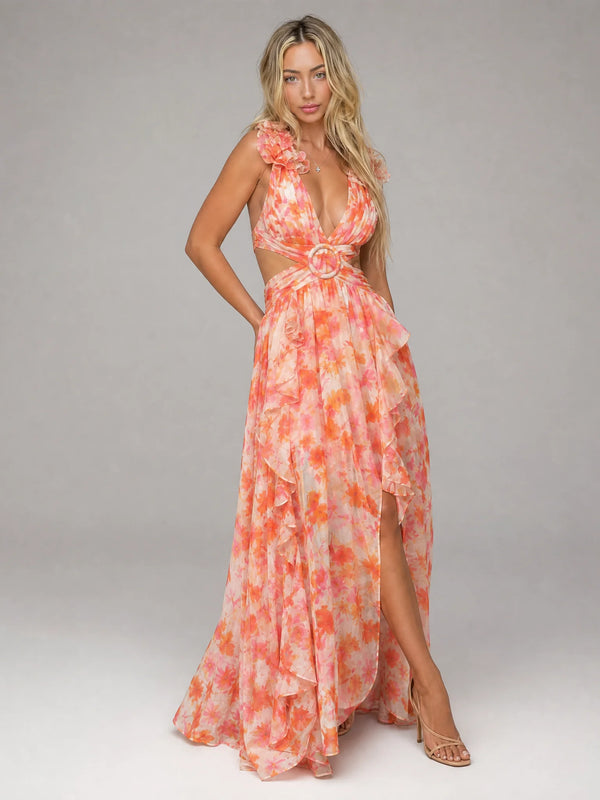 Orange floral ruffle cut out maxi dress for women by Ilynora, full length view with feminine ruffle details
