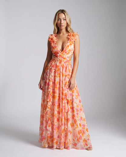 Orange floral ruffle cut out maxi dress for women by Ilynora, front view with flowing silhouette and elegant print