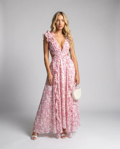 Pink floral ruffle cut out maxi dress for women by Ilynora, front view with elegant draping and floral print