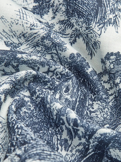 Three piece floral shorts set in blue by Ilynora, close-up showing detailed print and textured fabric