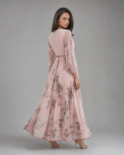 Pink floral V neck maxi dress for women by Ilynora, side view showcasing the flowing skirt and floral design