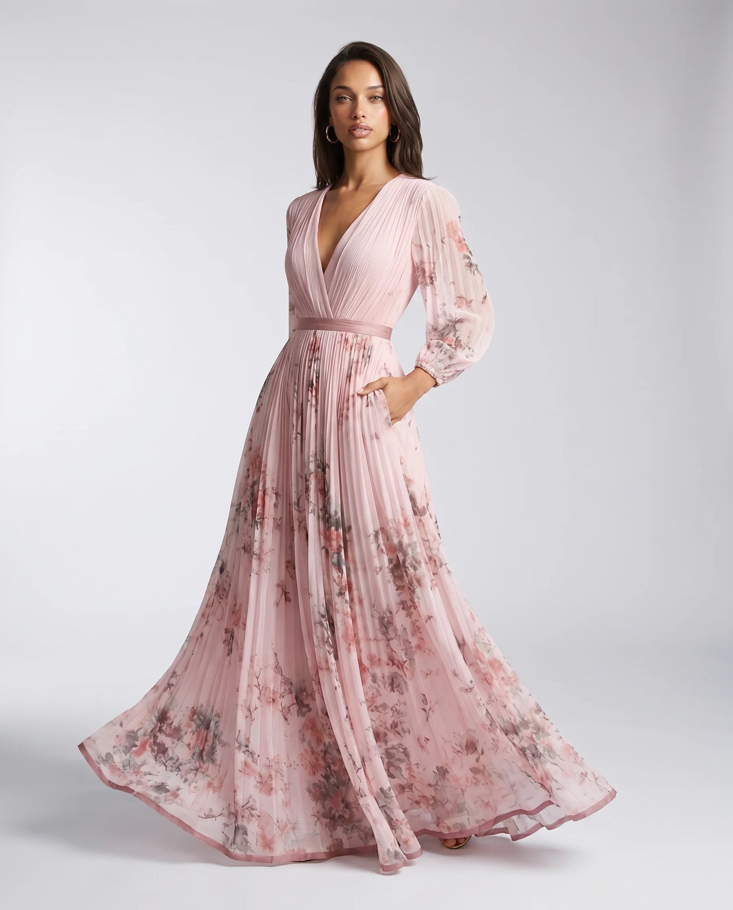 Pink floral V neck maxi dress for women by Ilynora, front view with elegant draping and feminine print