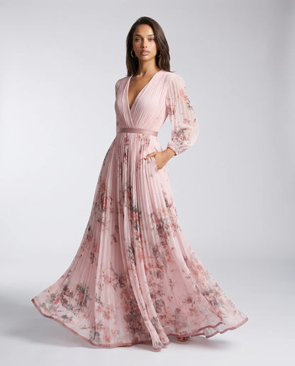 Pink floral V neck maxi dress for women by Ilynora, front view with elegant draping and feminine print