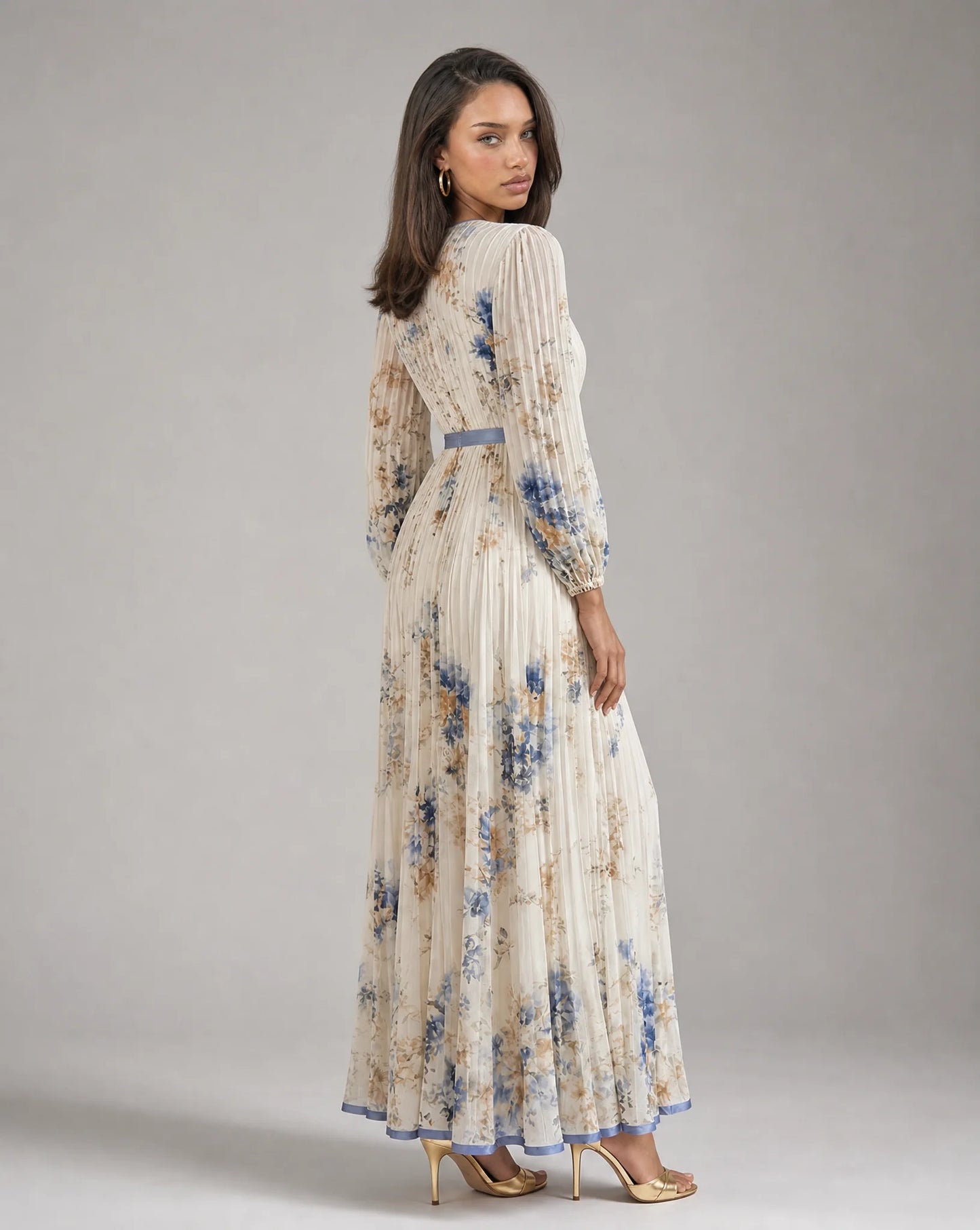 White floral V neck maxi dress for women by Ilynora, full length view highlighting the graceful fit and print
