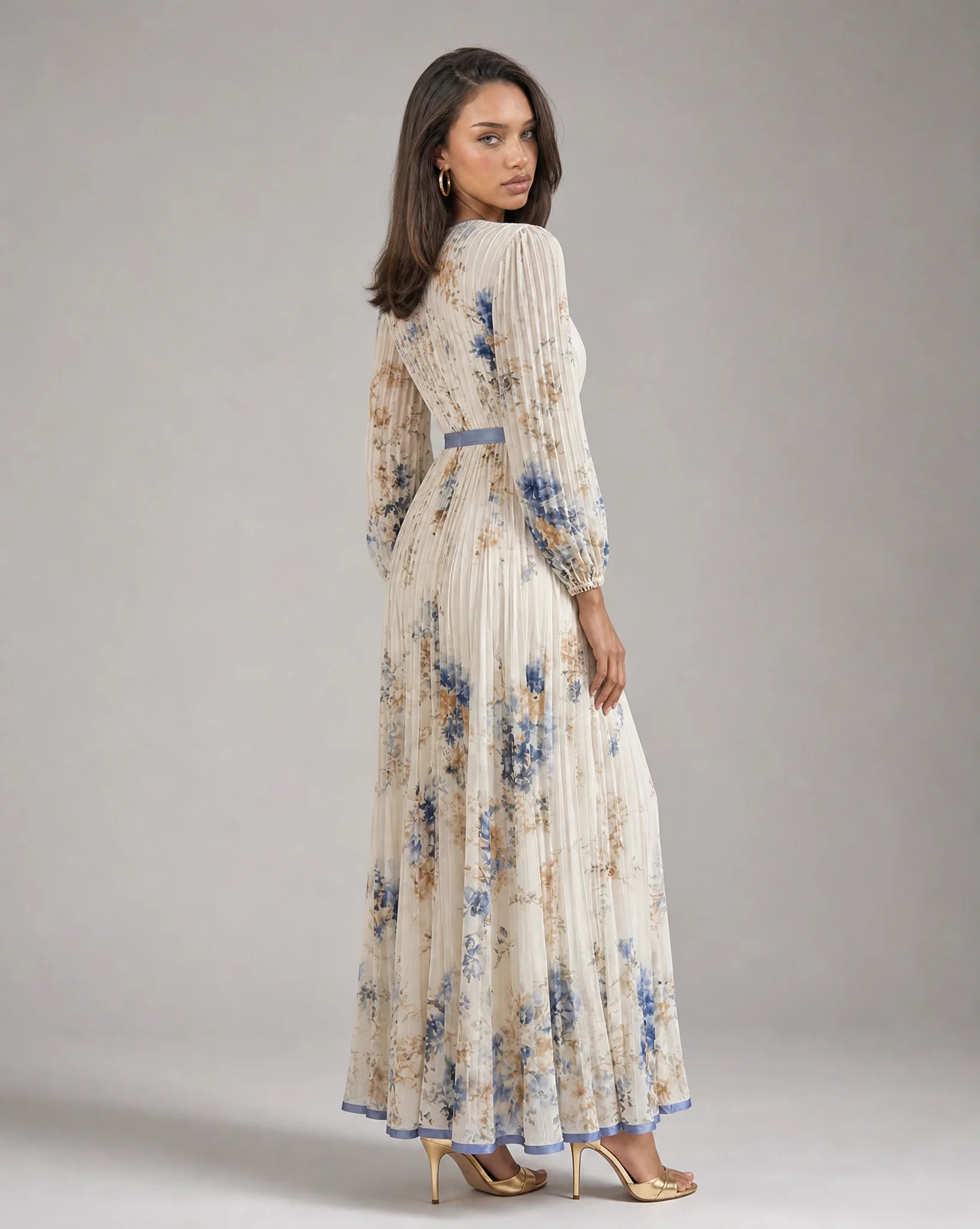 White floral V neck maxi dress for women by Ilynora, full length view highlighting the graceful fit and print