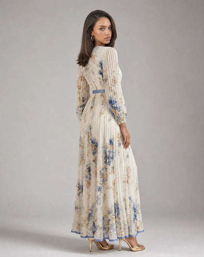 White floral V neck maxi dress for women by Ilynora, full length view highlighting the graceful fit and print