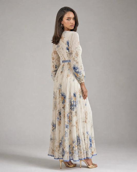 White floral V neck maxi dress for women by Ilynora, full length view highlighting the graceful fit and print
