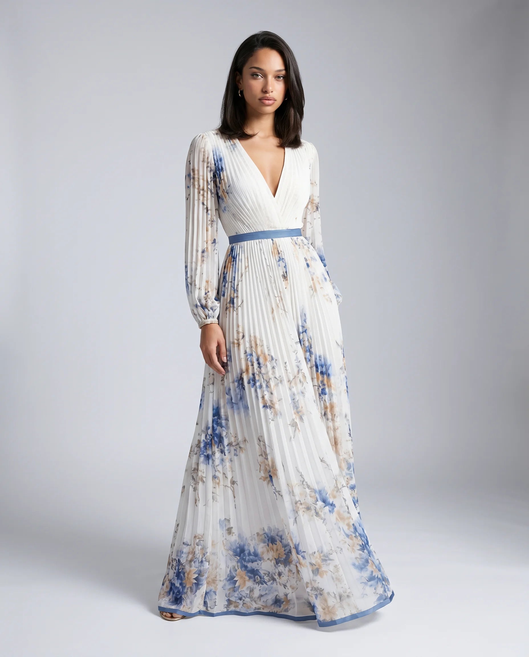 White floral V neck maxi dress for women by Ilynora, front view with flowing silhouette and elegant print
