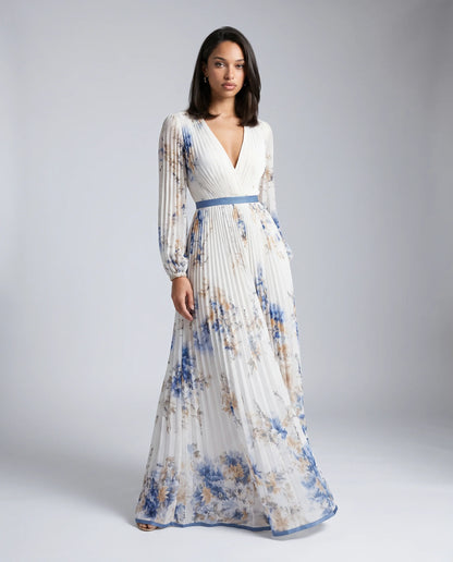 White floral V neck maxi dress for women by Ilynora, front view with flowing silhouette and elegant print