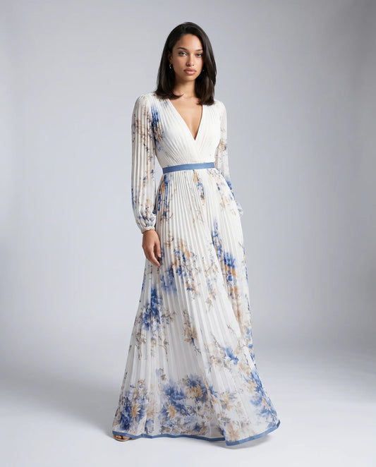 White floral V neck maxi dress for women by Ilynora, front view with flowing silhouette and elegant print