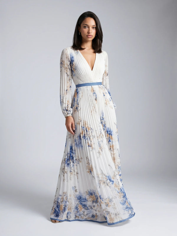 White floral V neck maxi dress for women by Ilynora, front view with flowing silhouette and elegant print