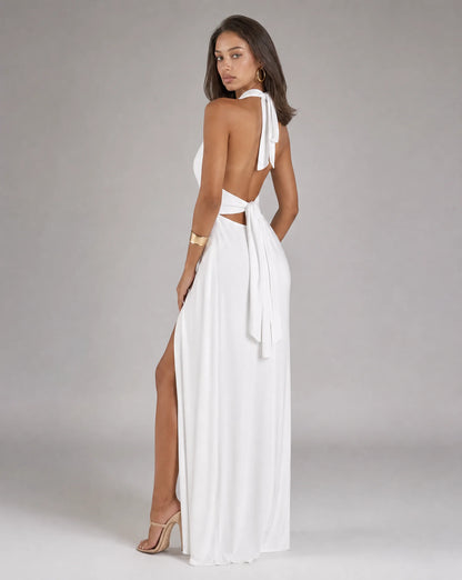 White halter neck split maxi dress for women by Ilynora, back view highlighting the open back detail