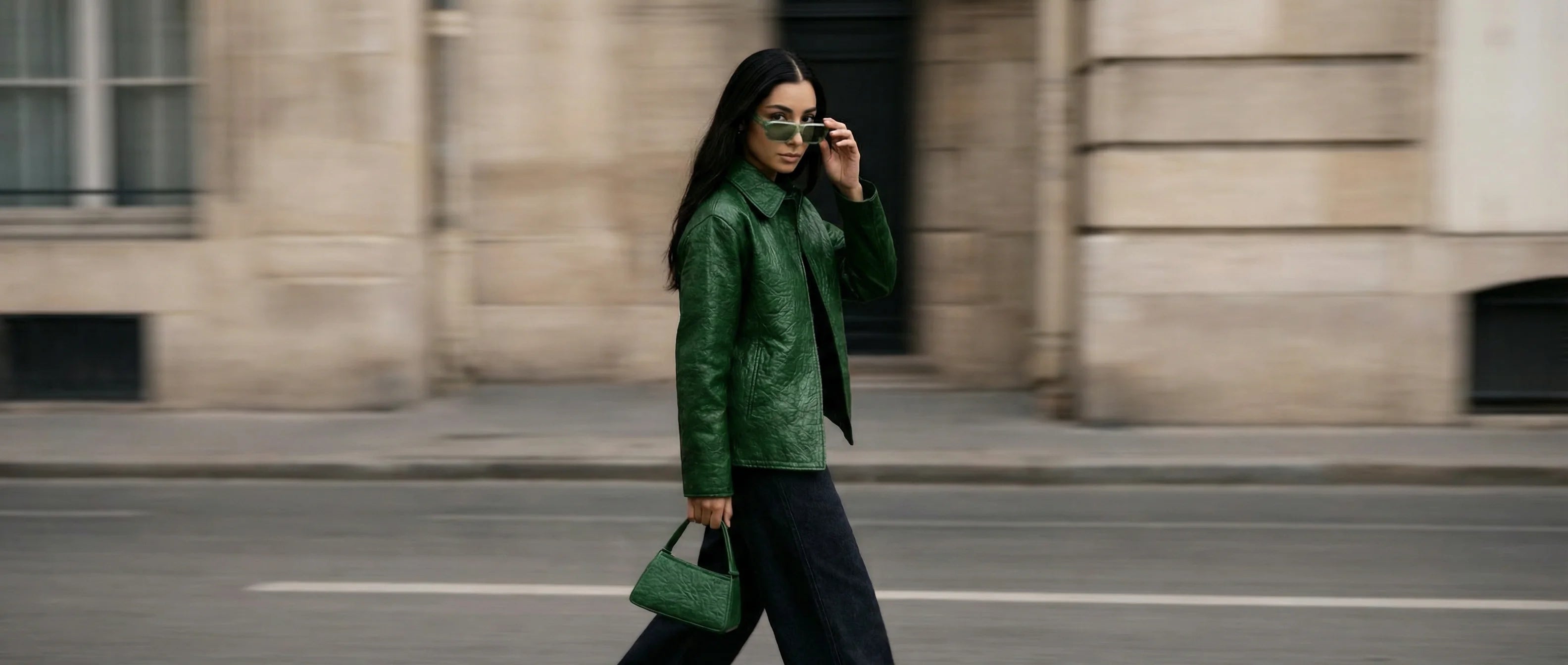 Ilynora women's textured faux leather blazer in dark green with matching handbag, premium city style.