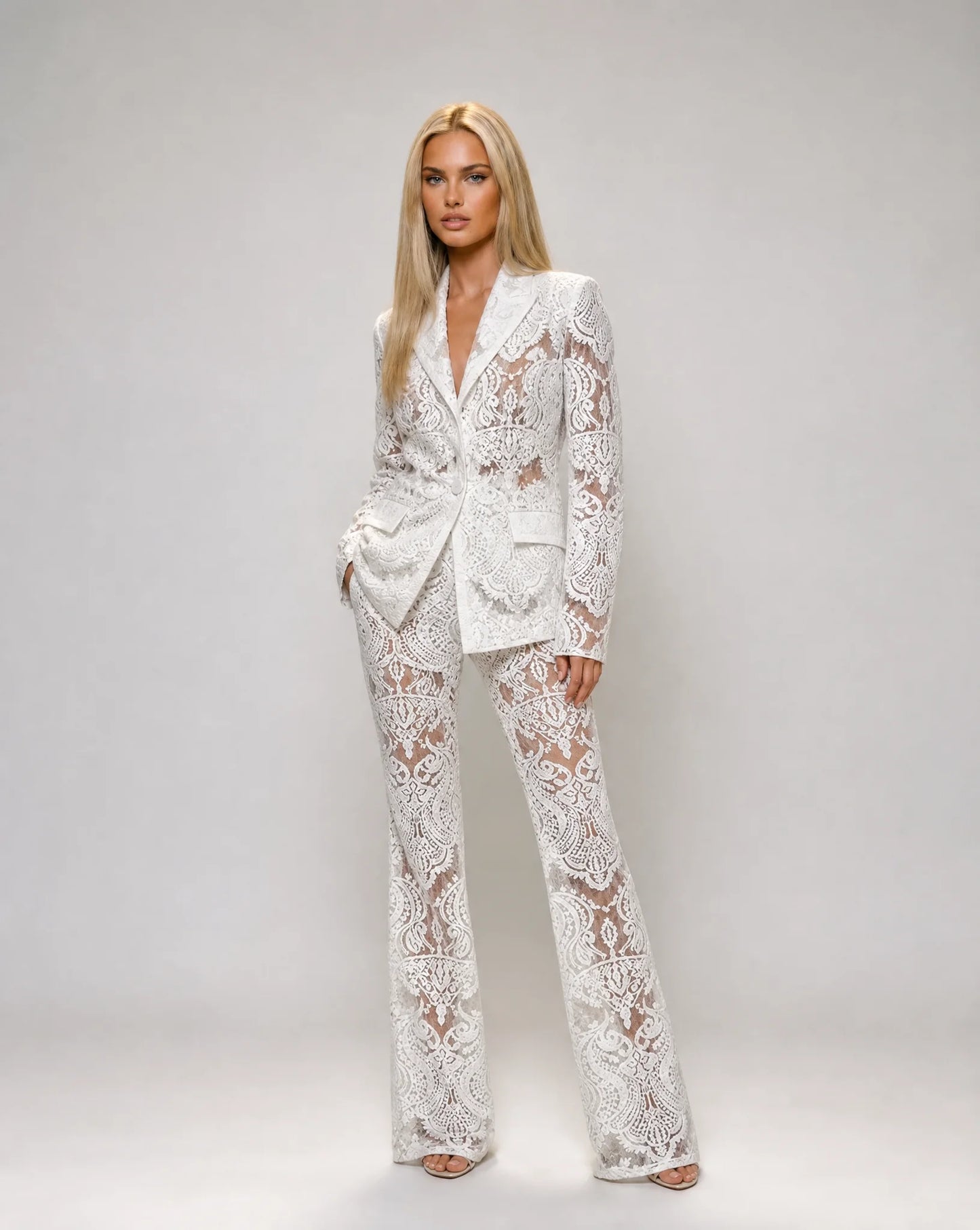 White lace blazer co ord set for women by Ilynora, front view with tailored fit and flared trousers