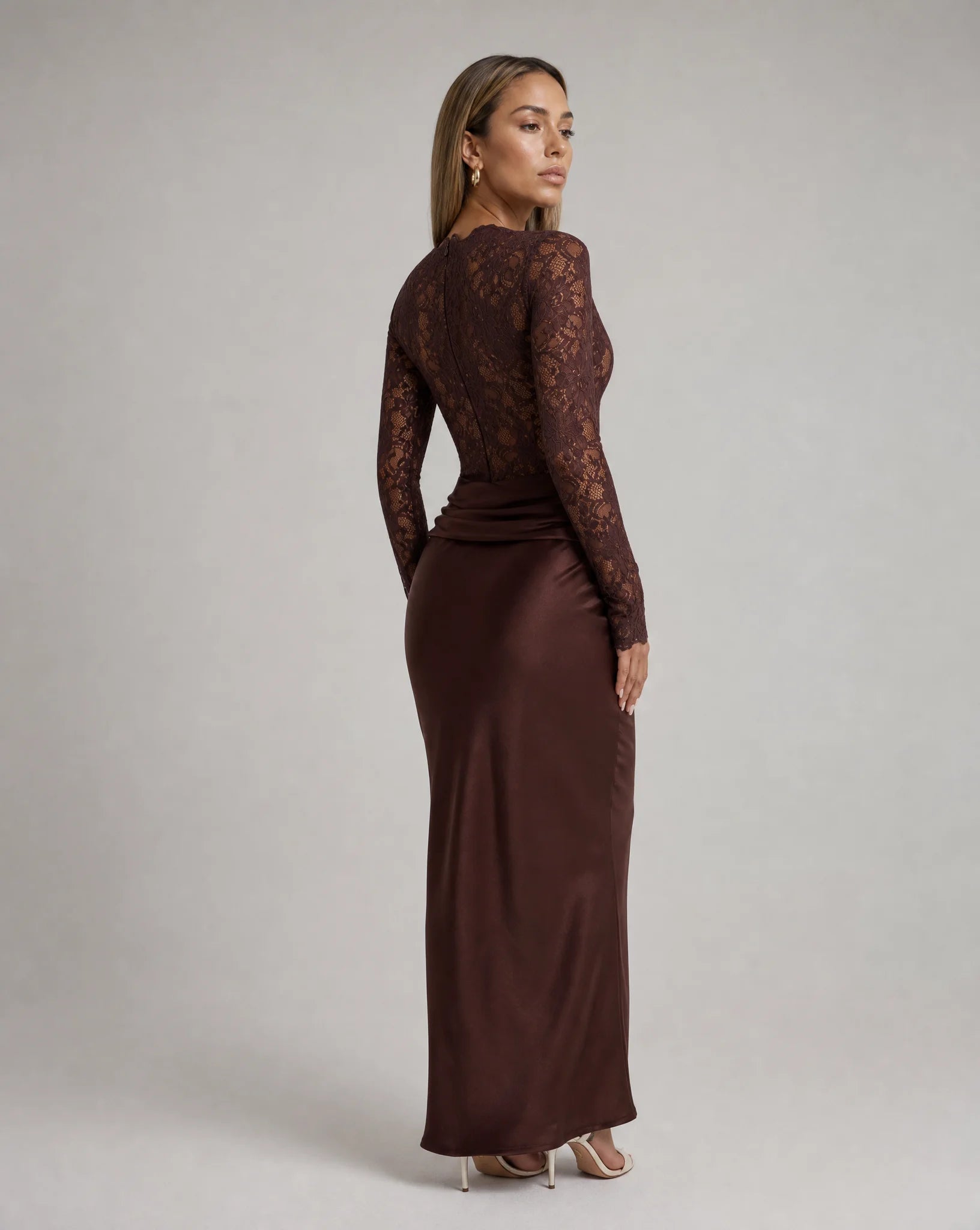 Brown lace long sleeve maxi dress for women by Ilynora, back view showcasing the refined silhouette and lace detail