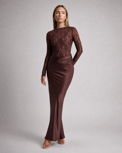 Brown lace long sleeve maxi dress for women by Ilynora, front view with elegant silhouette and fitted waist