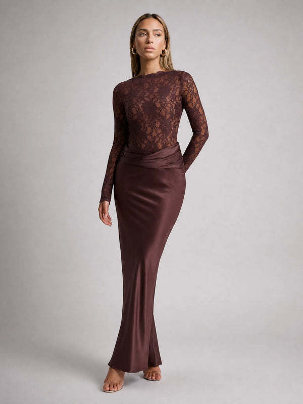Brown lace long sleeve maxi dress for women by Ilynora, front view with elegant silhouette and fitted waist