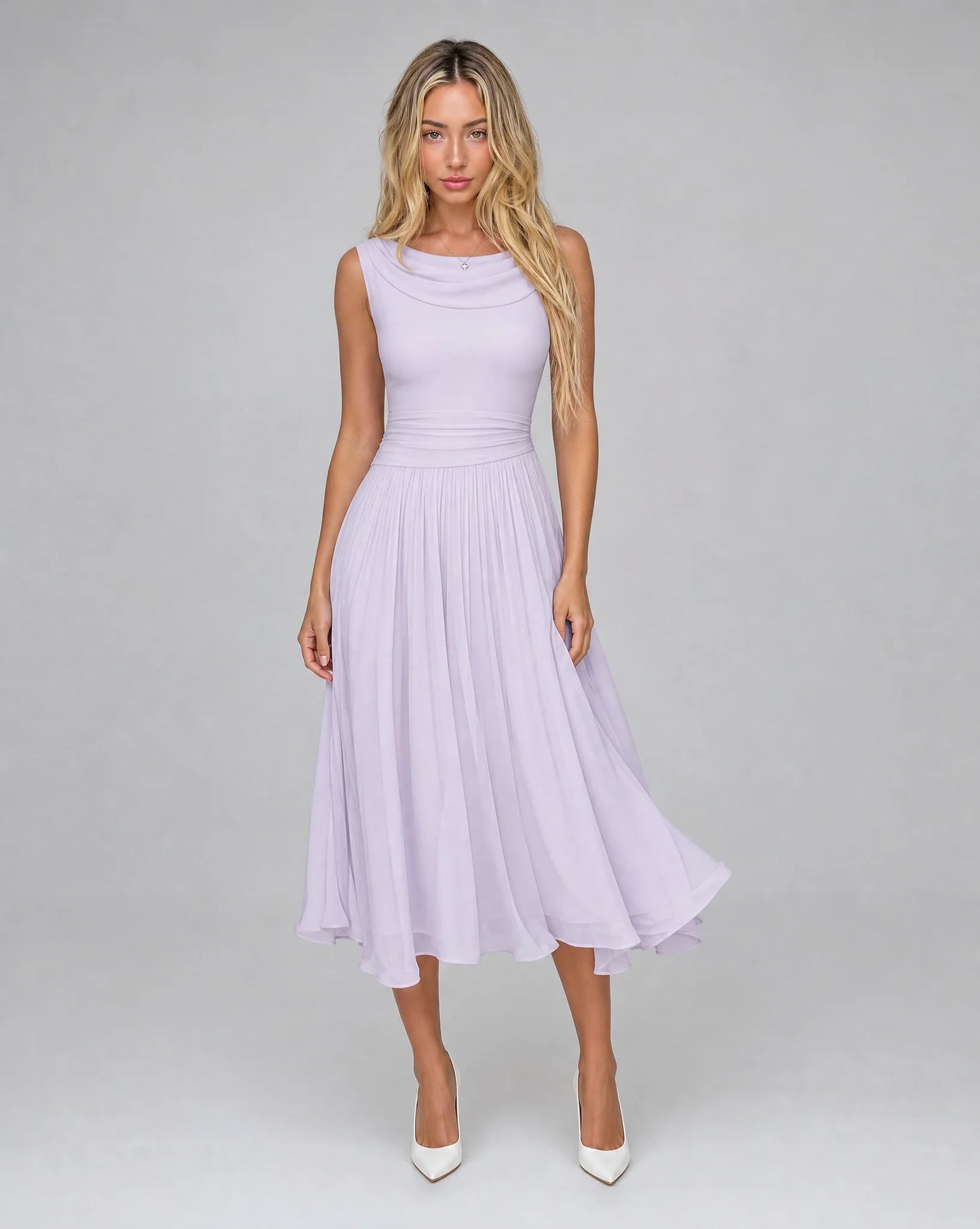 Women's lavender draped cowl neck pleated midi dress with soft pleated skirt and graceful formal occasion silhouette by ILYNORA