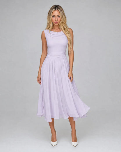 Women's lavender draped cowl neck pleated midi dress with soft pleated skirt and graceful formal occasion silhouette by ILYNORA