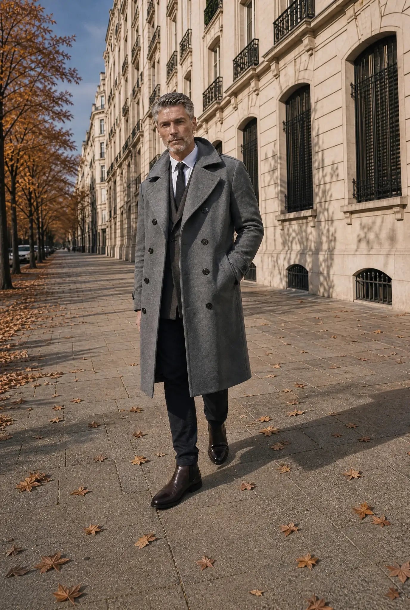 Man wearing a grey wool-blend double-breasted overcoat with a matching waistcoat and black trousers, styled with brown leather boots on a tree-lined autumn street.