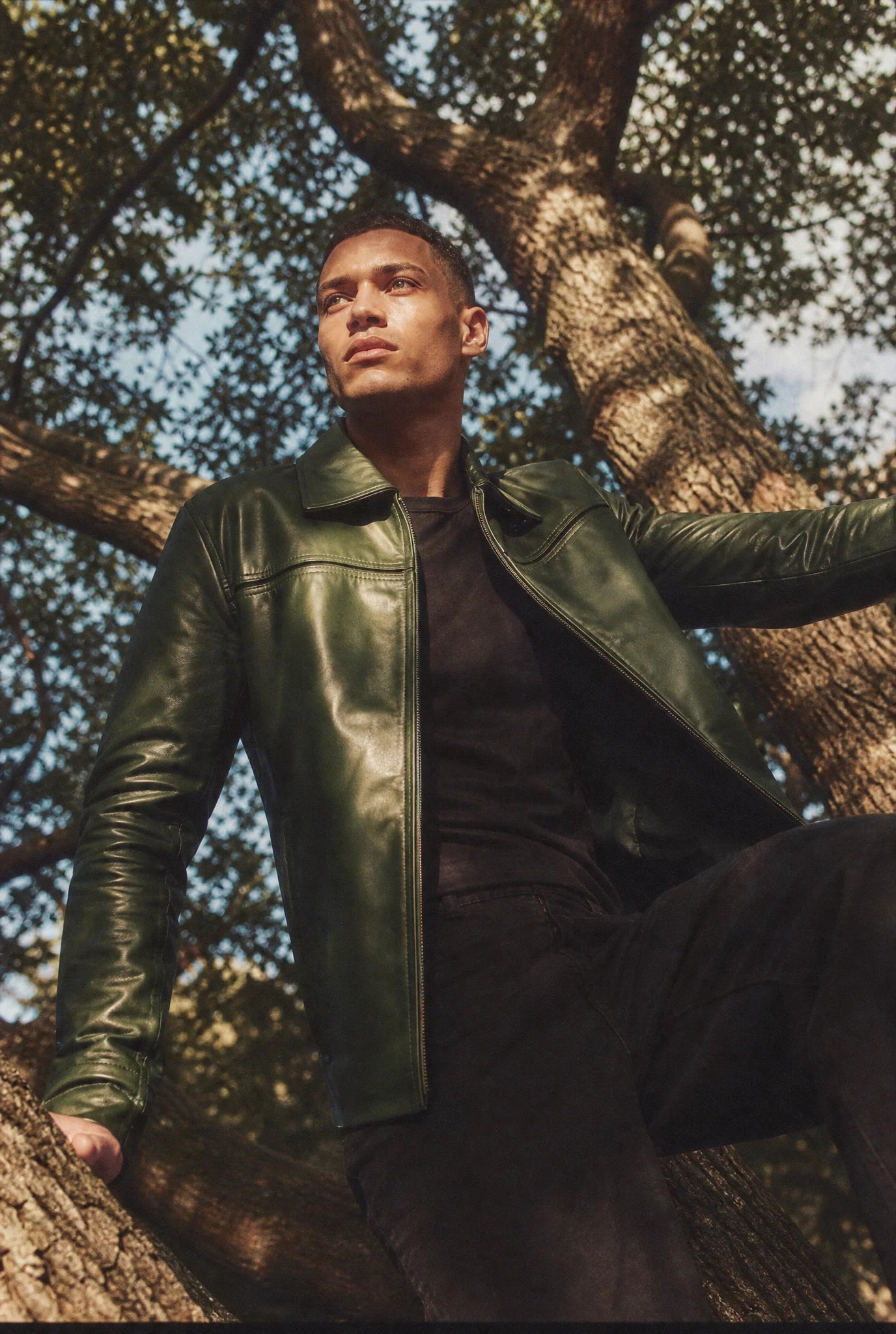 Men's green leather jacket styled with a black t-shirt, shot from below against a tree