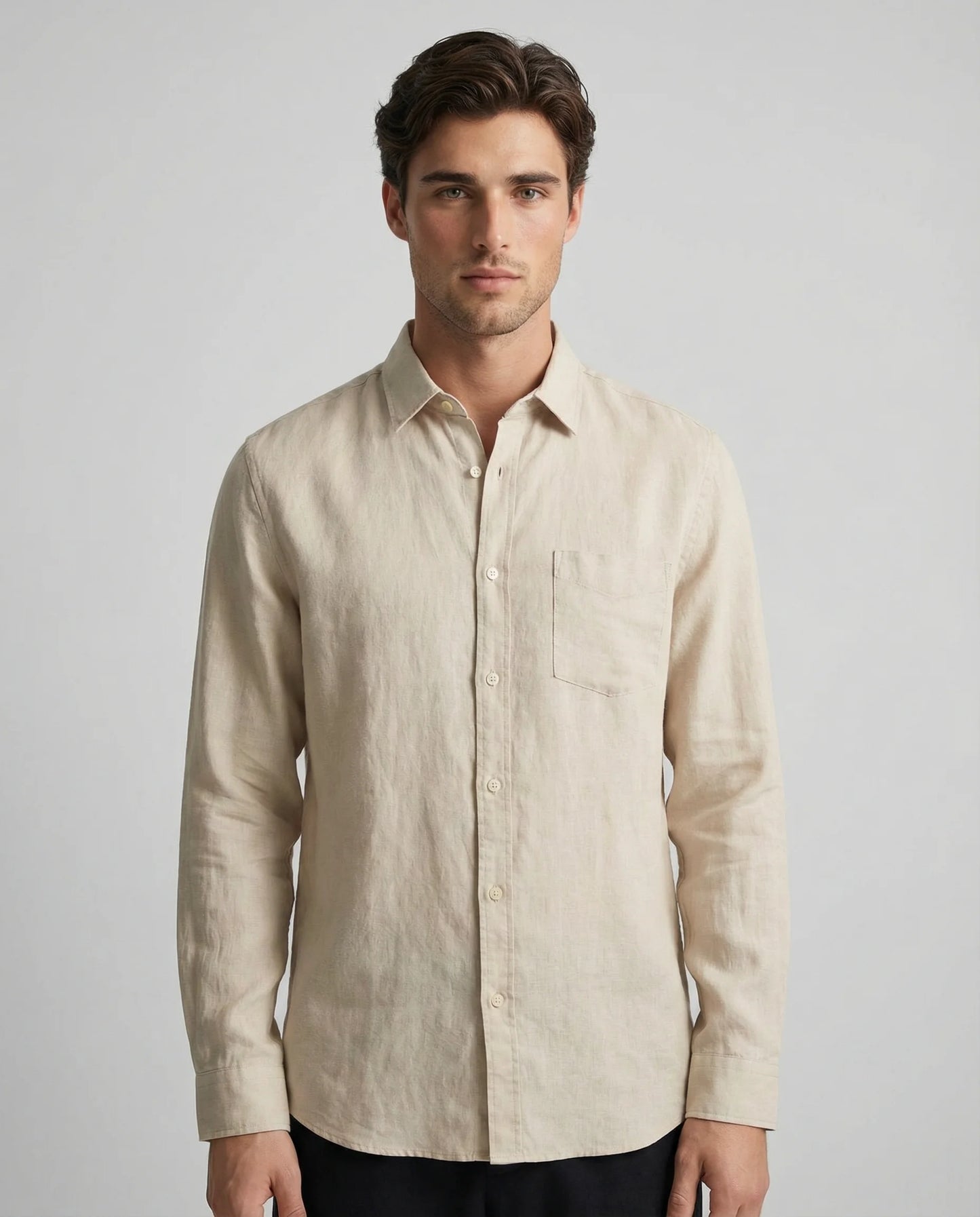 Men's 100% linen resort shirt in beige by Ilynora, front view with relaxed fit and breathable fabric