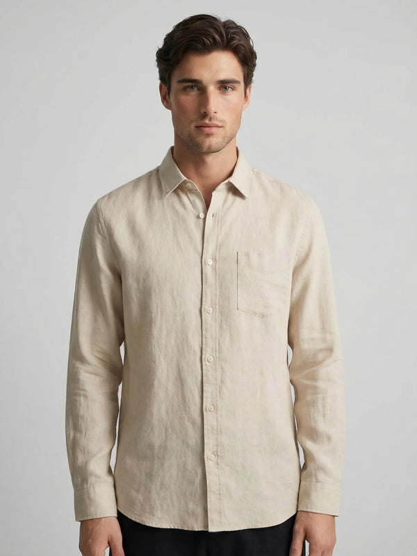 Men's 100% linen resort shirt in beige by Ilynora, front view with relaxed fit and breathable fabric