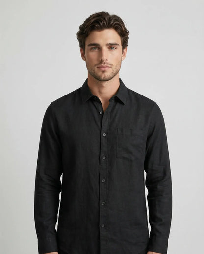 Black 100% linen resort shirt by Ilynora, front view with clean silhouette and breathable material