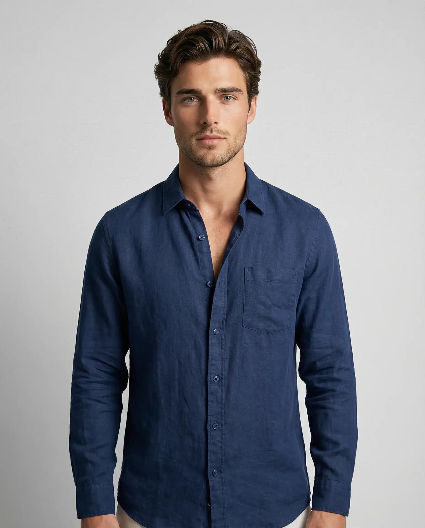 Navy blue 100% linen resort shirt by Ilynora, front view with clean design and lightweight feel