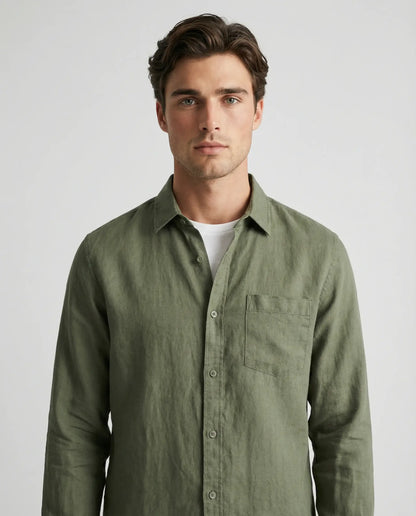 Men's linen resort shirt in green by Ilynora, front view with relaxed silhouette and breathable material