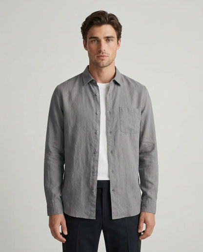 Grey linen resort shirt for men by Ilynora, front view with minimal design and natural fabric texture