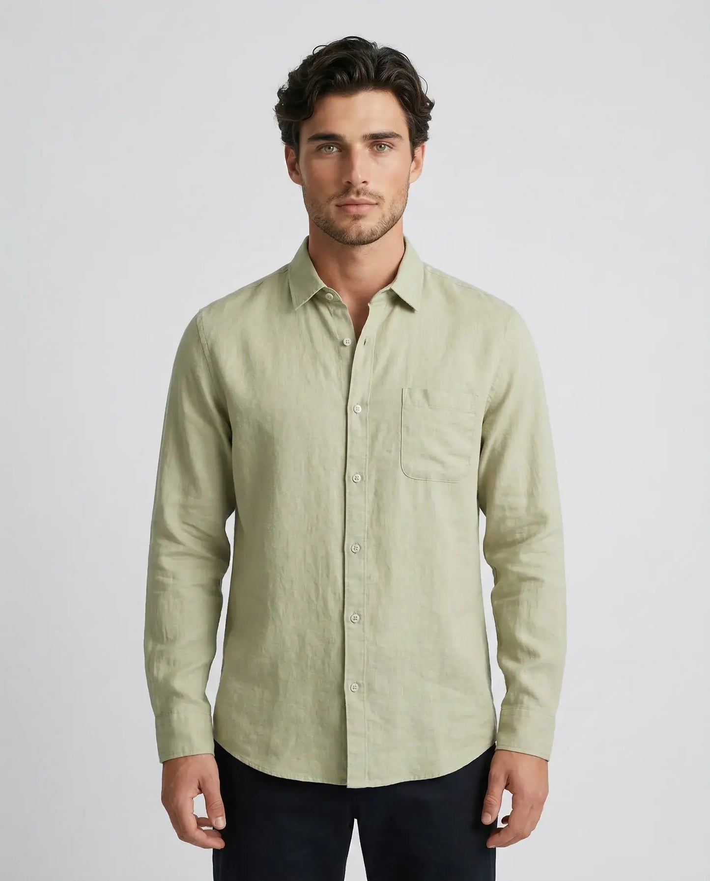 Light green linen resort shirt by Ilynora, front view with relaxed fit and soft breathable texture