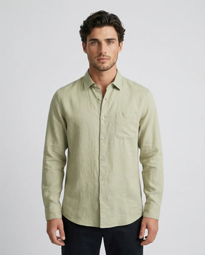 Light green linen resort shirt by Ilynora, front view with relaxed fit and soft breathable texture