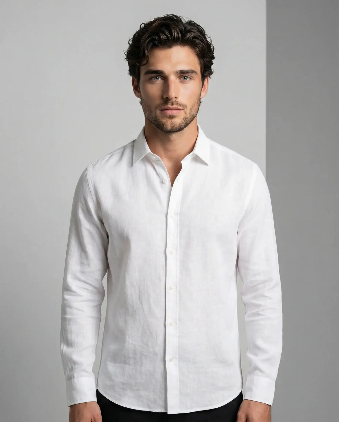 White linen resort shirt for men by Ilynora, front view with airy fabric and classic button-up design