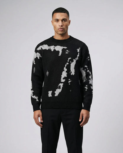 Men's abstract pattern knit crewneck sweater in black by Ilynora, front view with relaxed fit and bold design