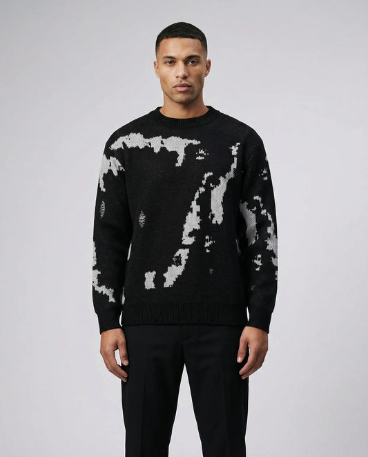 Men's abstract pattern knit crewneck sweater in black by Ilynora, front view with relaxed fit and bold design