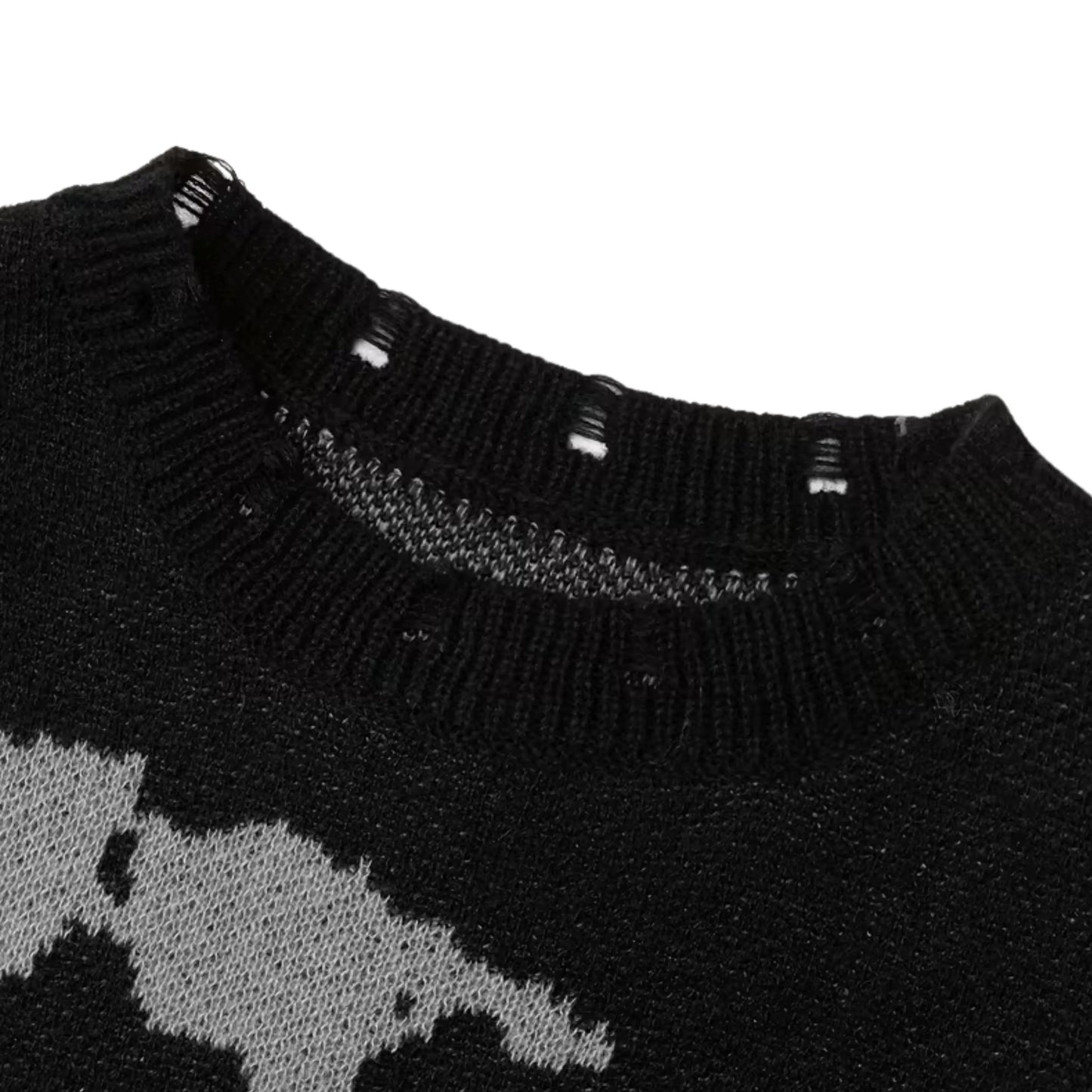 Abstract pattern sweater in black by Ilynora, close-up showing textured knit and detailed design