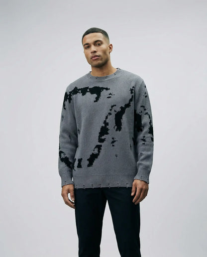 Grey abstract pattern knit sweater by Ilynora, front view with textured design and relaxed fit