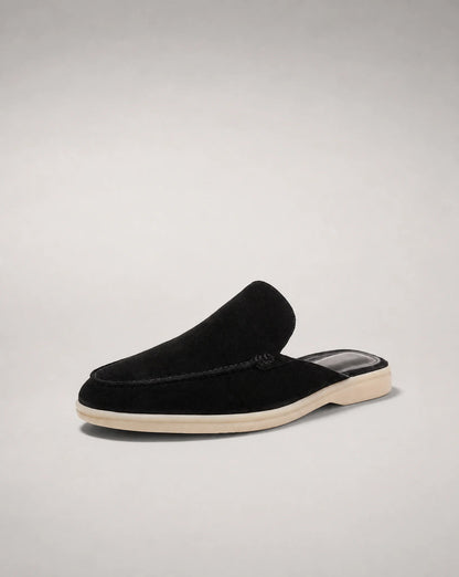 Men's black suede slip-on loafers with open back and lightweight comfort by ILYNORA