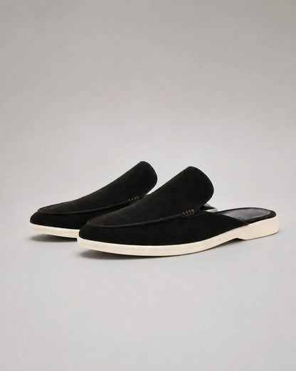 Men's black backless suede loafers with slip-on design and modern summer style by ILYNORA